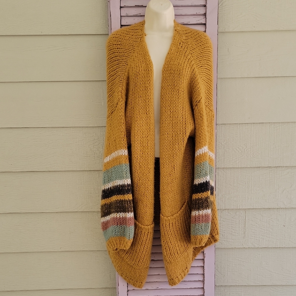 💗 THE PORTER COLLECTIVE Knit Open-Front Cardigan Pockets Striped Sleeves IXL